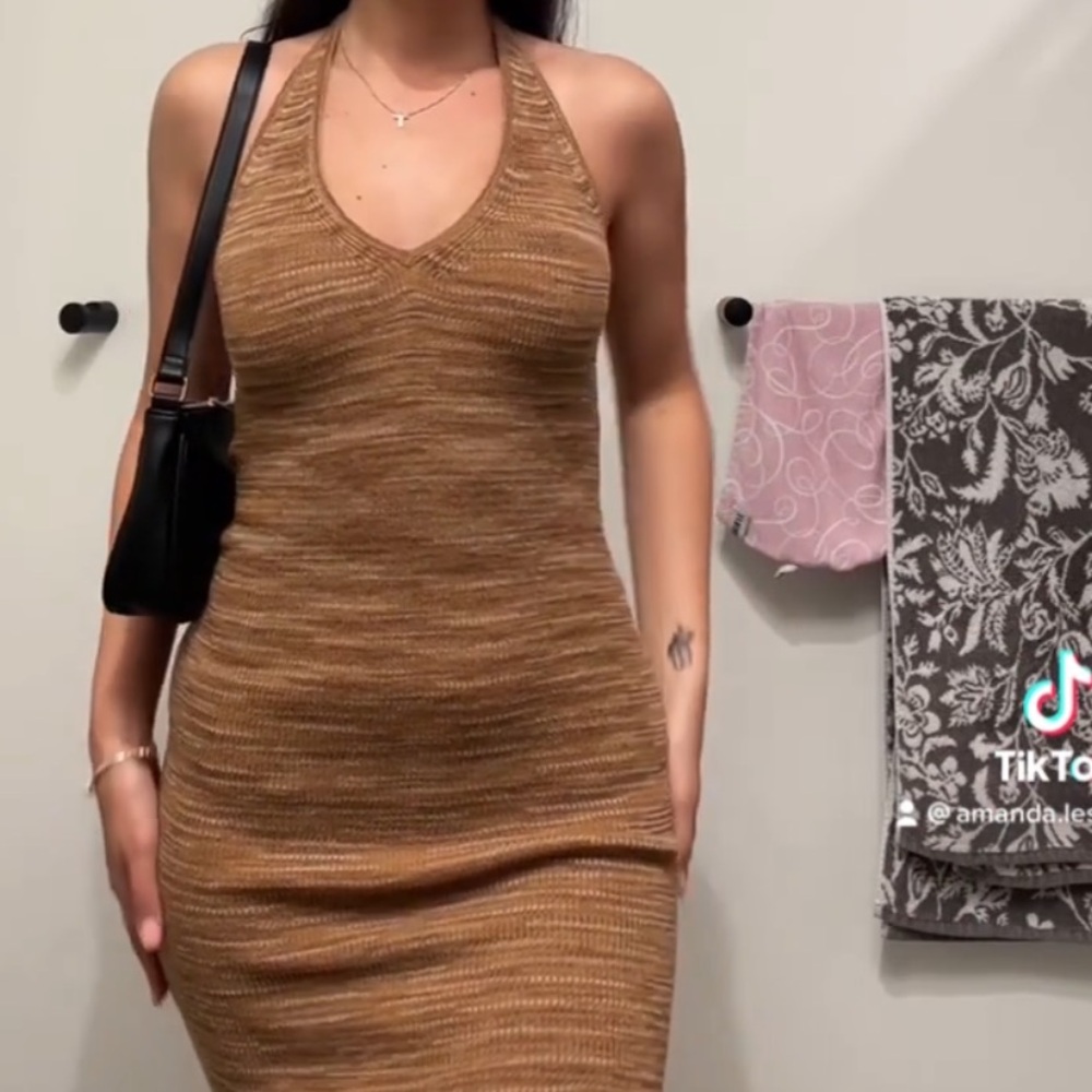 Brown knitted custom halter mini wool dress y2k street wear glam going out vibe